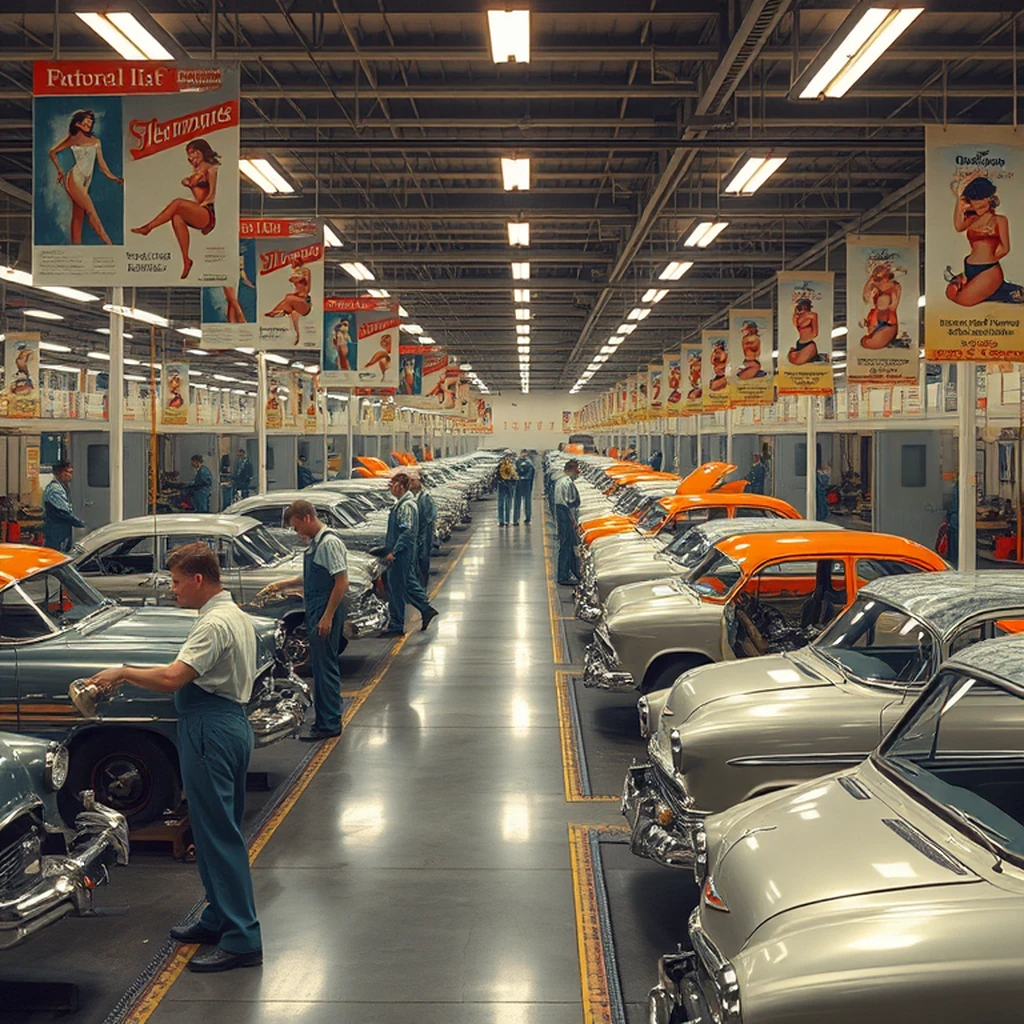 Image A of the puzzle: 1950s Detroit auto factory floor with chrome bumpers and pin-up calendars