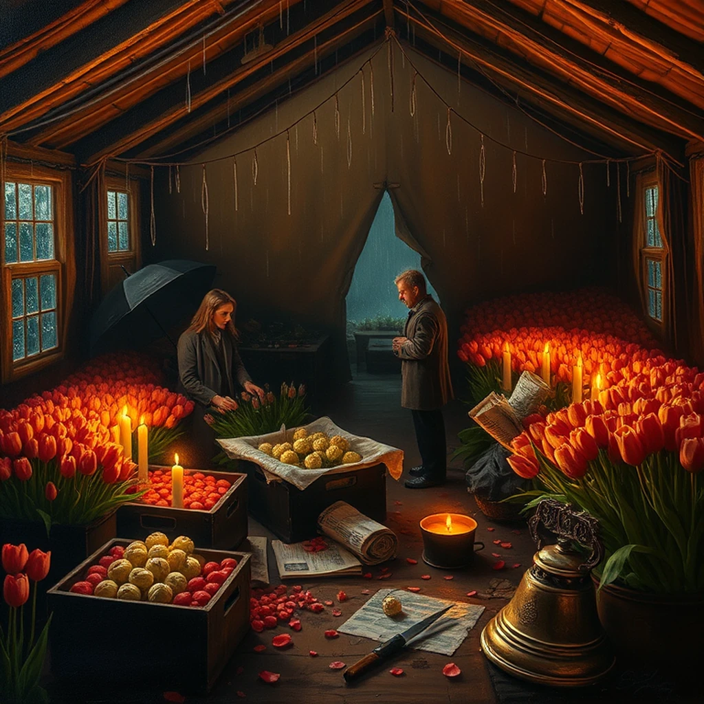 Image A of the puzzle: 1950s dutch tulip farm auction tent during blooming season