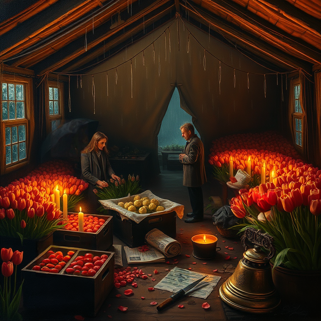 Image B of the puzzle: 1950s dutch tulip farm auction tent during blooming season