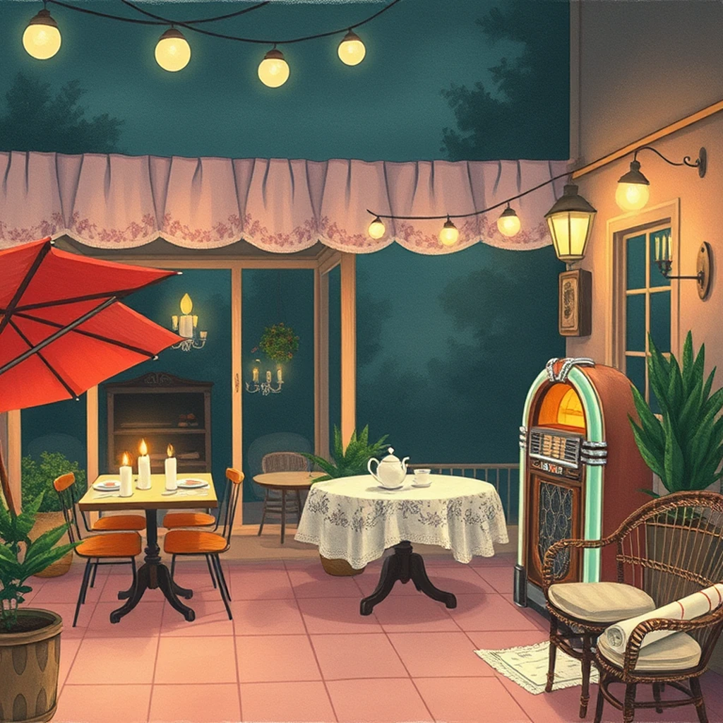 Image A of the puzzle: 1950s french countryside bistro with floral curtains and outdoor patio