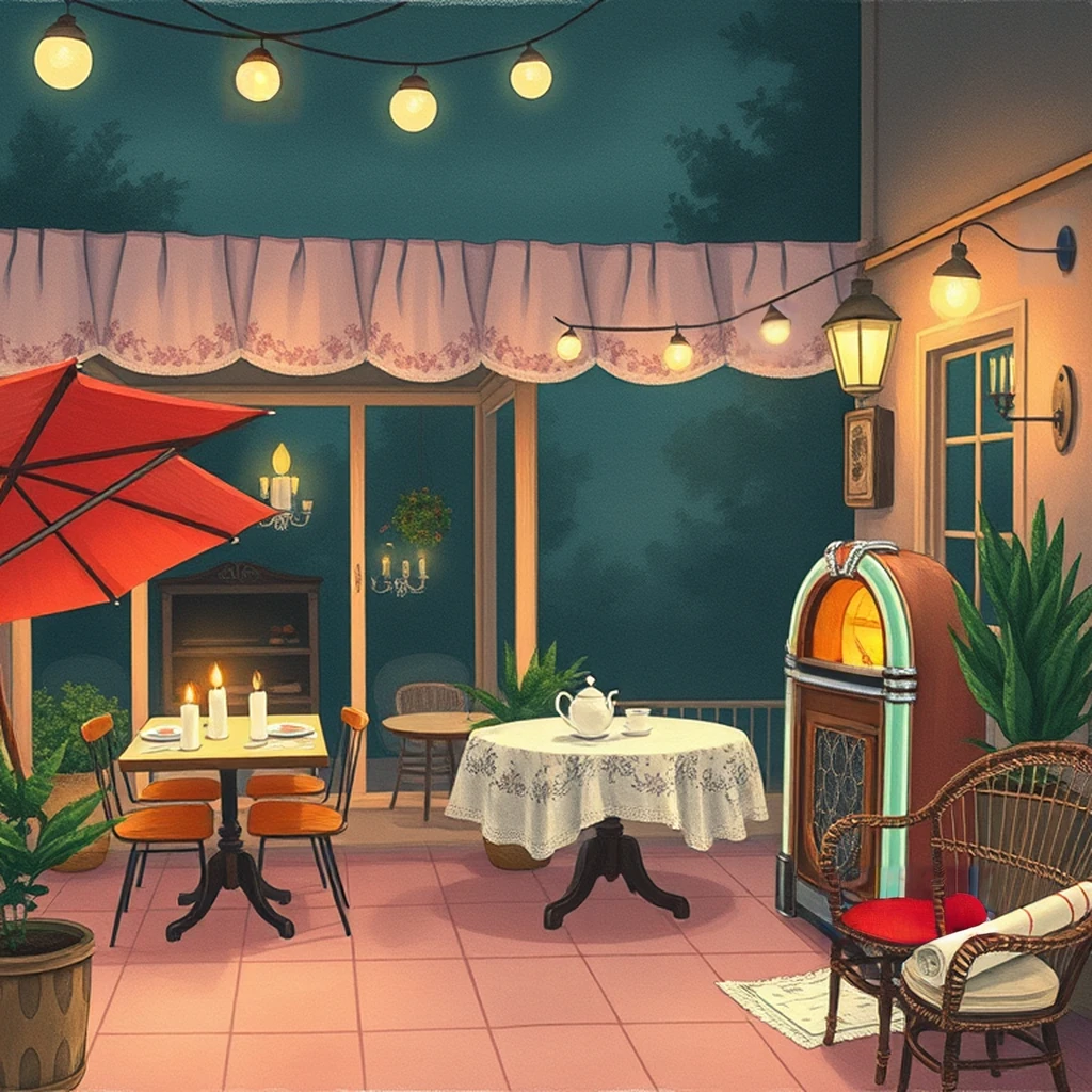 Image B of the puzzle: 1950s french countryside bistro with floral curtains and outdoor patio