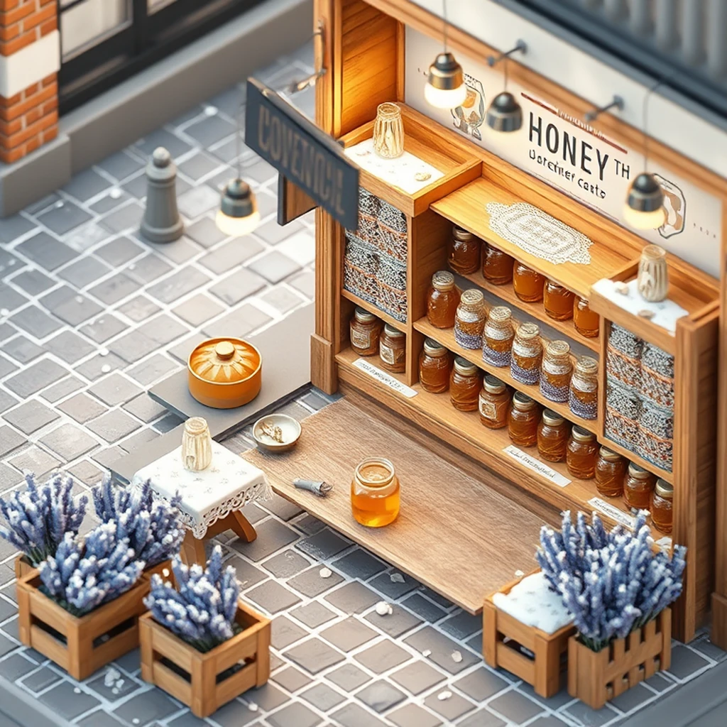 Image A of the puzzle: 1950s french street market stall with fresh lavender and jars of honey