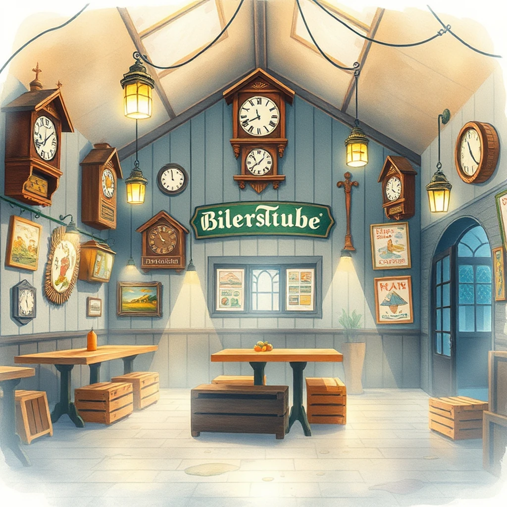 Image A of the puzzle: 1950s german beer hall bierstube with cuckoo clocks on walls