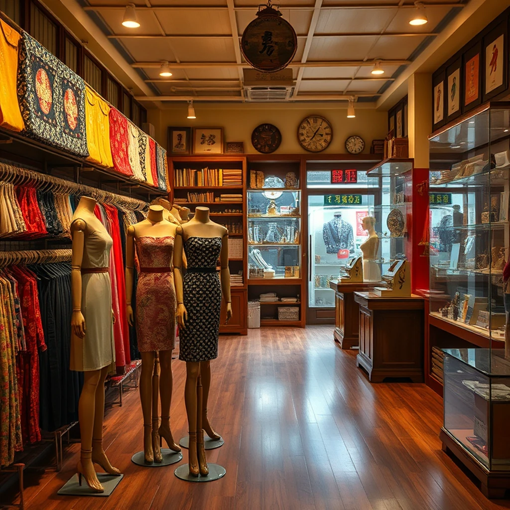 Image A of the puzzle: 1950s Hong Kong tailor shop with wooden mannequins and silk bolts