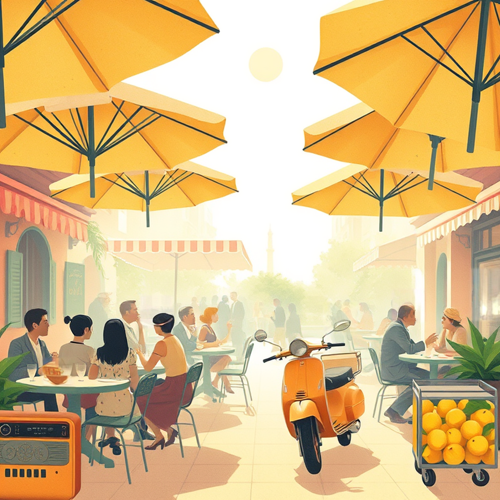 Image B of the puzzle: 1950s italian bistro outdoor terrace in summer