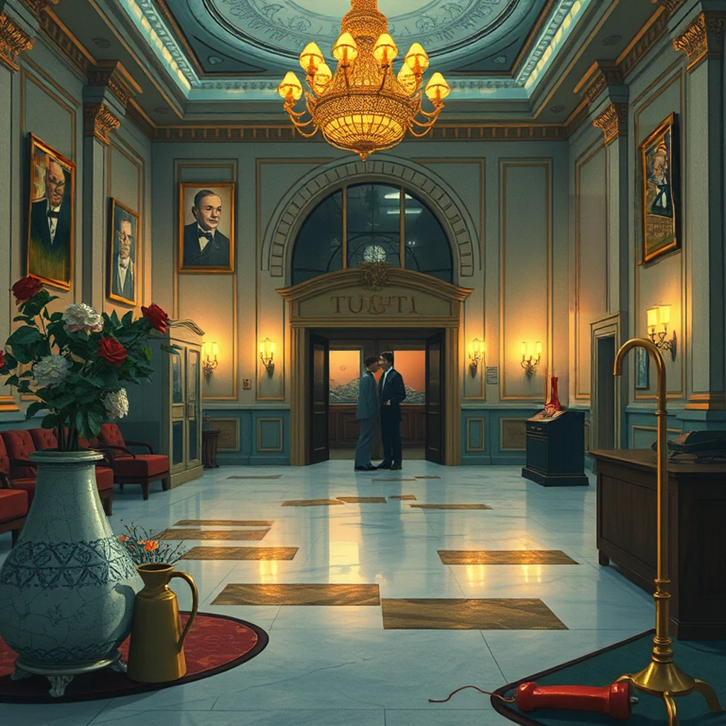 Image B of the puzzle: 1950s italian opera house lobby with gold leaf chandeliers and velvet seats