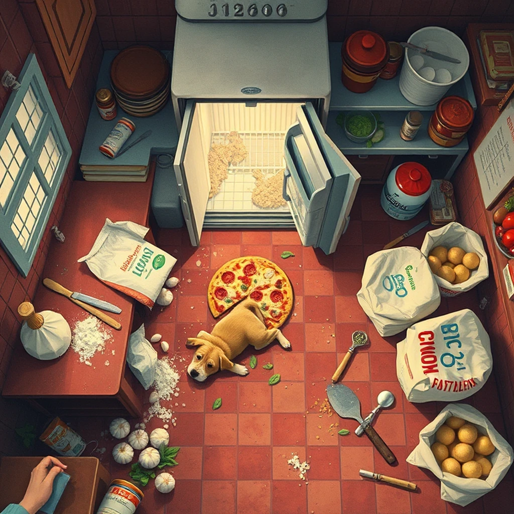 Image A of the puzzle: 1950s italian pizzeria kitchen with wood-fired oven