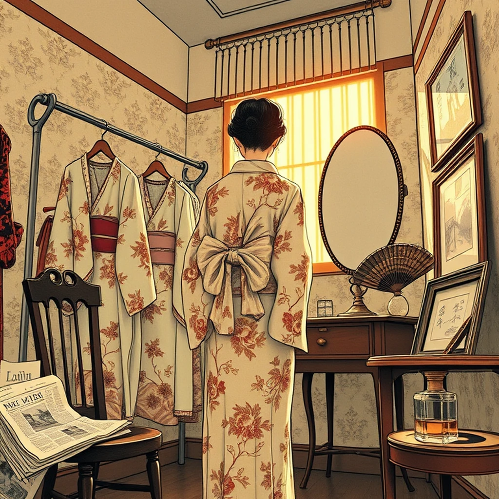 Image A of the puzzle: 1950s japanese department store kimono fitting room with mirrors