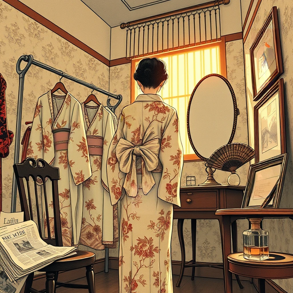 Image B of the puzzle: 1950s japanese department store kimono fitting room with mirrors