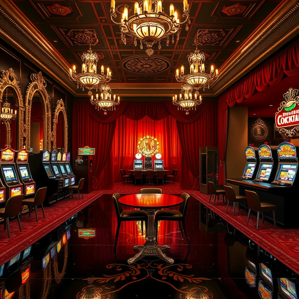 Image A of the puzzle: 1950s Las Vegas casino lobby with red velvet curtains and slot machines