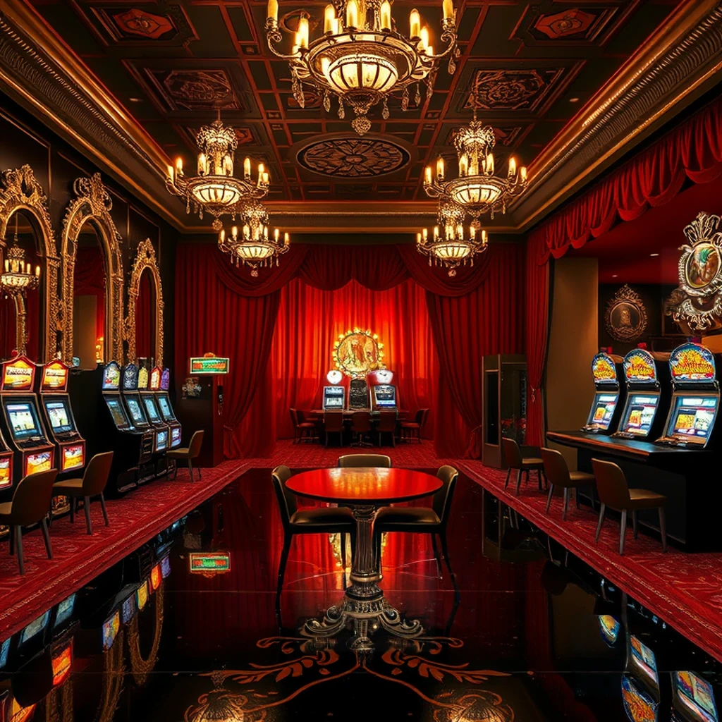 Image B of the puzzle: 1950s Las Vegas casino lobby with red velvet curtains and slot machines