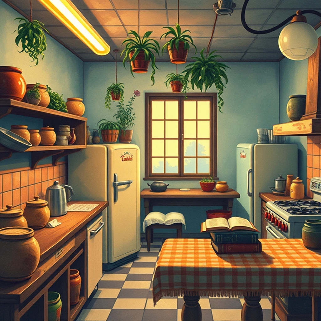 Image A of the puzzle: 1950s mexican cantina kitchen with clay pots and tortillas