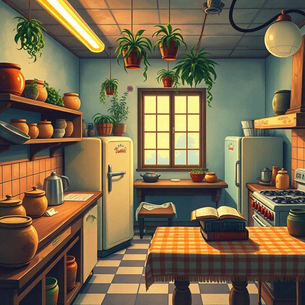 Image B of the puzzle: 1950s mexican cantina kitchen with clay pots and tortillas