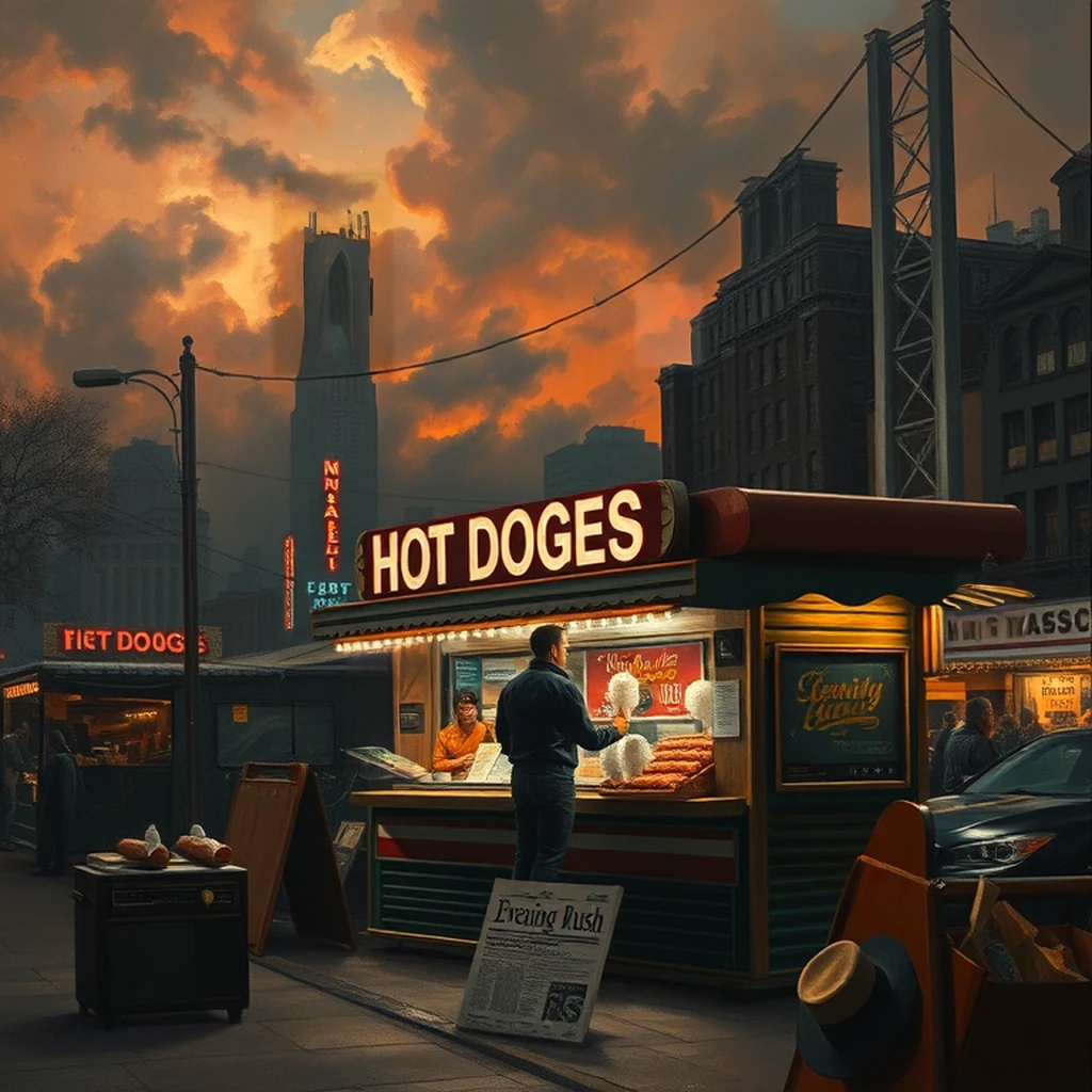 Image B of the puzzle: 1950s new york street fair booth selling hot dogs and cotton candy