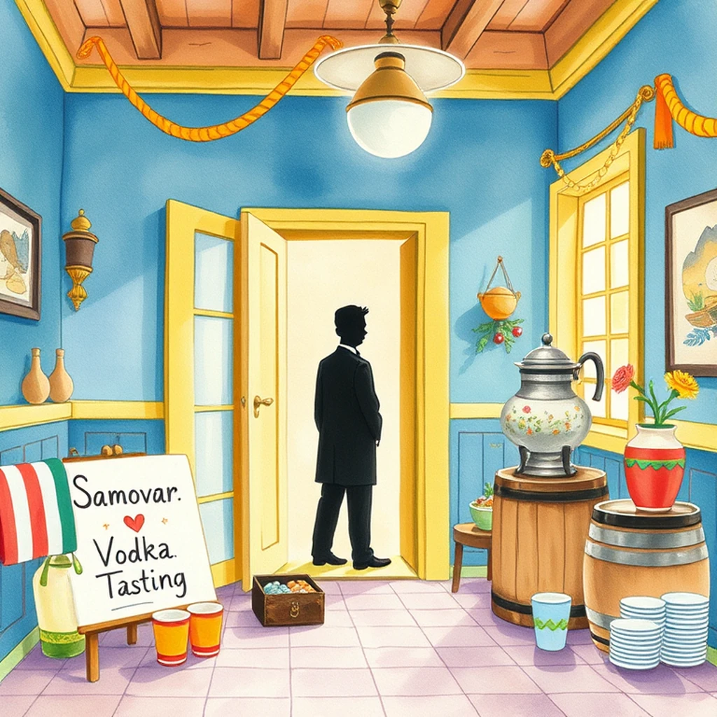 Image A of the puzzle: 1950s russian vodka distillery tasting room with samovars