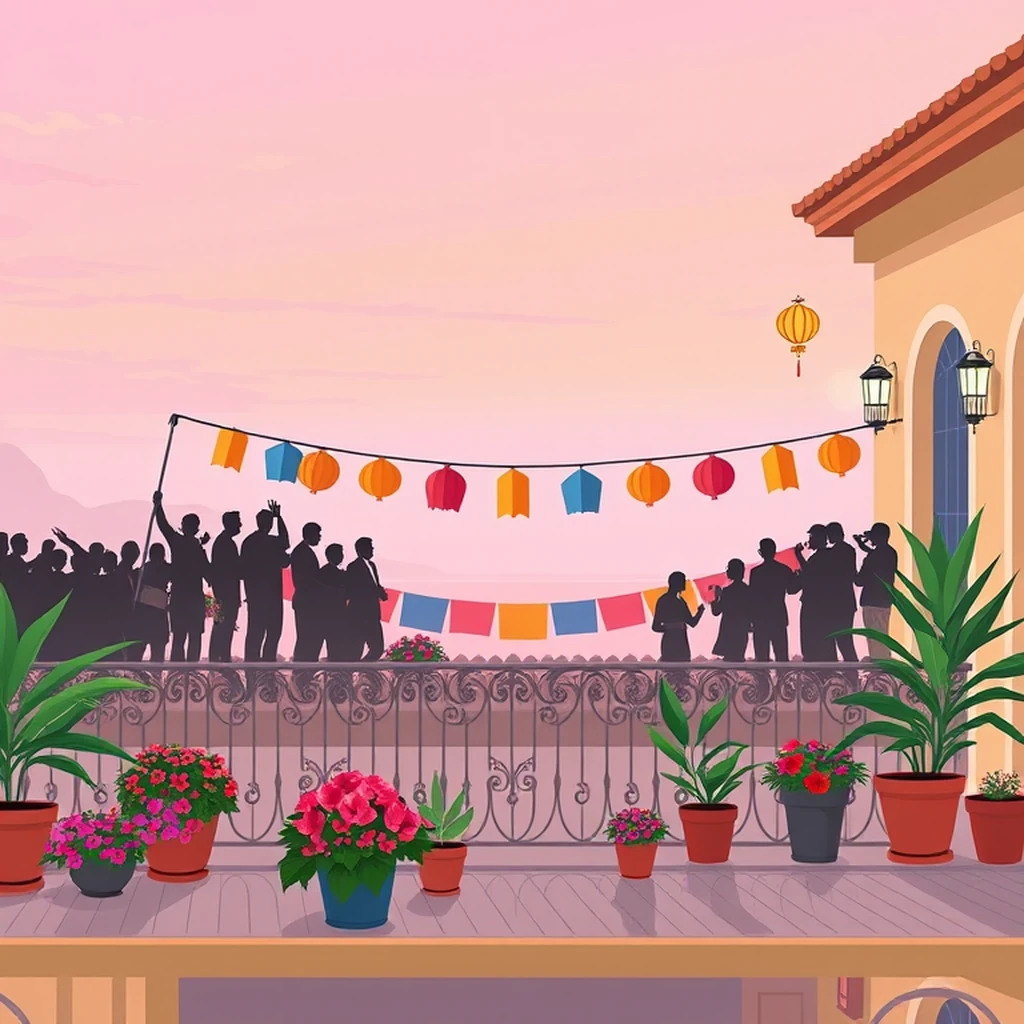 Image A of the puzzle: 1950s spanish coastal villa balcony with wrought iron railings and potted plants
