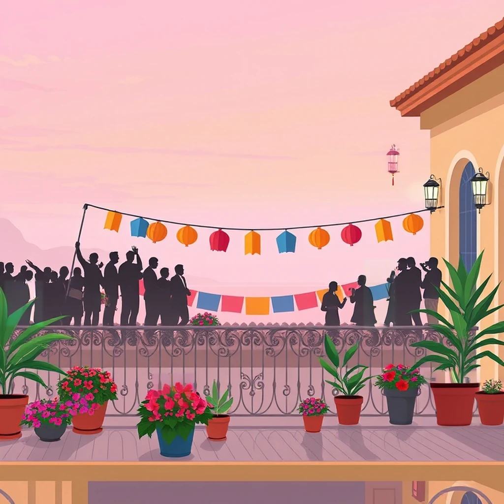 Image B of the puzzle: 1950s spanish coastal villa balcony with wrought iron railings and potted plants