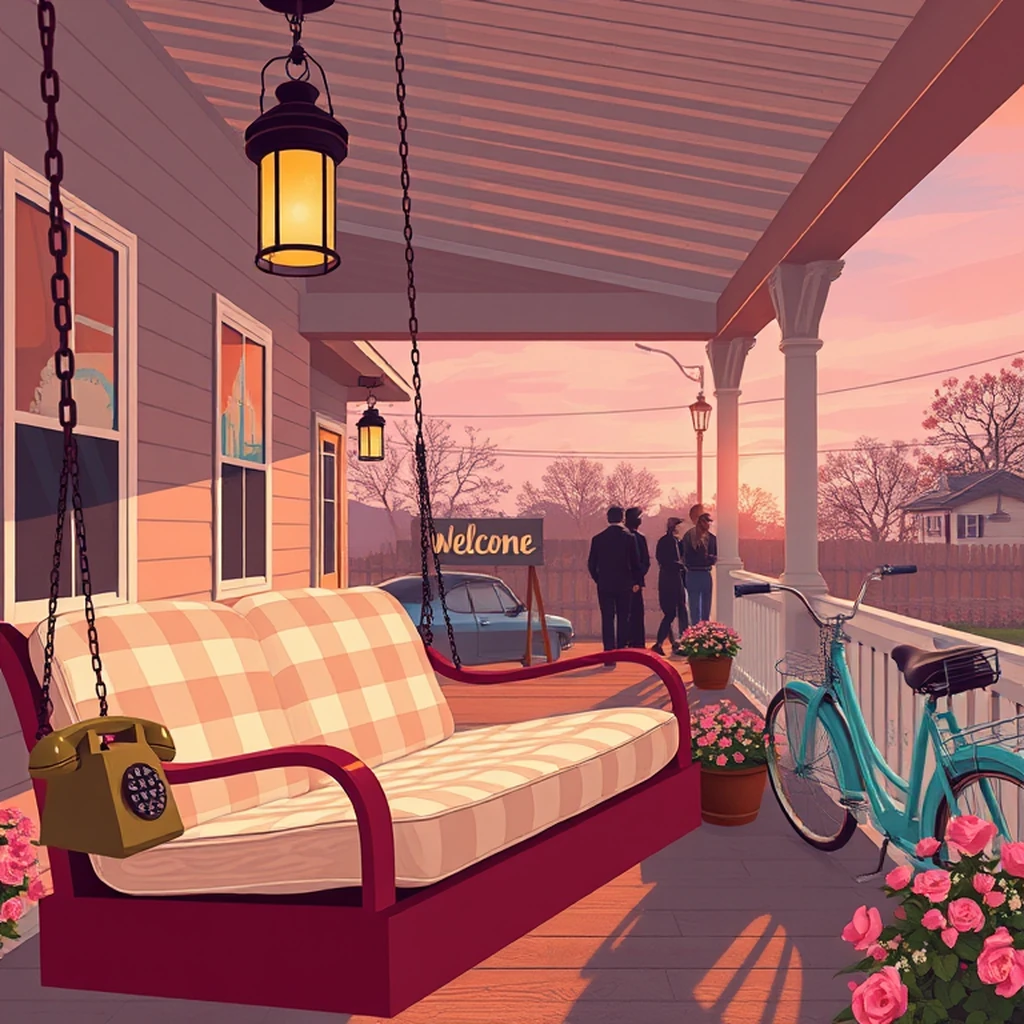 Image A of the puzzle: 1950s sun-drenched porch swing with checkered cushions