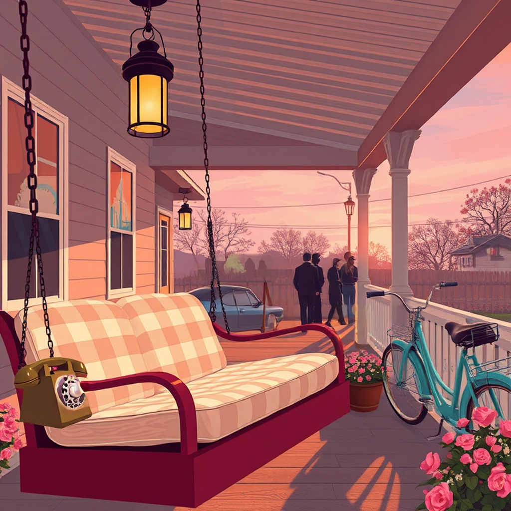 Image B of the puzzle: 1950s sun-drenched porch swing with checkered cushions