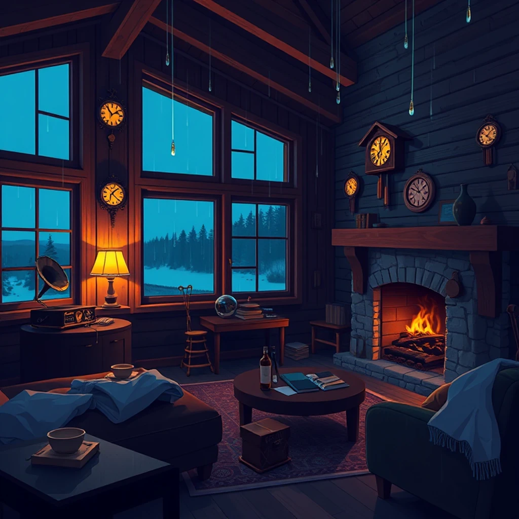 Image A of the puzzle: 1950s swiss mountain chalet living room with wooden beams and cuckoo clocks