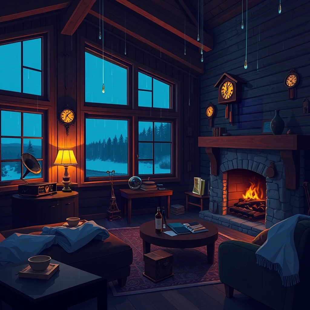 Image B of the puzzle: 1950s swiss mountain chalet living room with wooden beams and cuckoo clocks