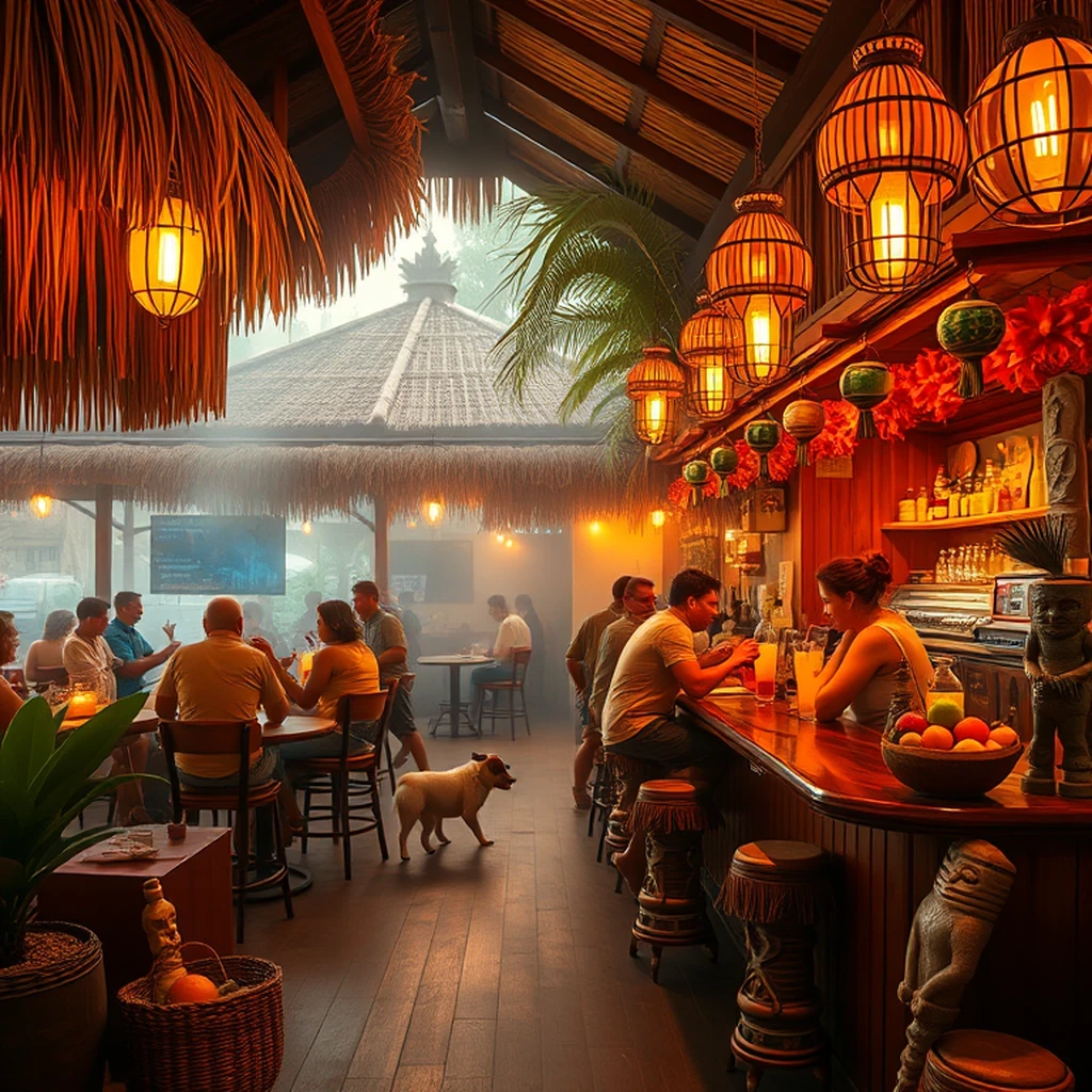 Image A of the puzzle: 1950s tropical tiki bar with thatched roof and flaming drinks