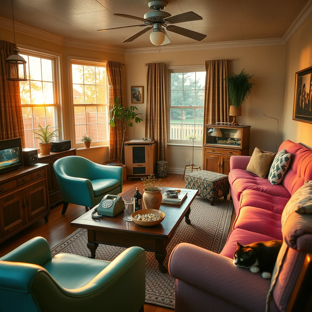 Image A of the puzzle: 1960s american suburban living room with rotary dial phone and lava lamp
