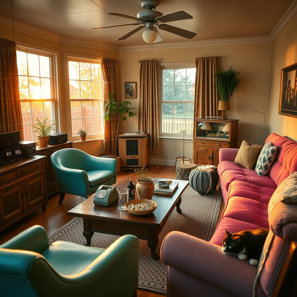 Image B of the puzzle: 1960s american suburban living room with rotary dial phone and lava lamp