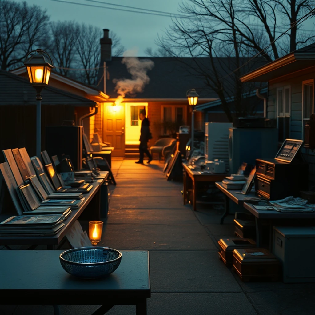 Image B of the puzzle: 1960s american suburban neighborhood garage sale setup