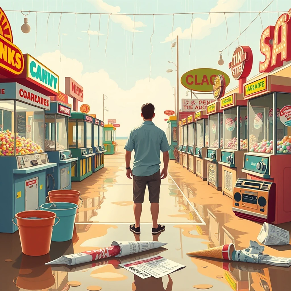 Image A of the puzzle: 1960s beachside boardwalk arcade with penny candy counter and claw machines