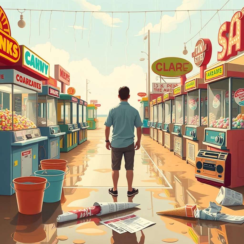 Image B of the puzzle: 1960s beachside boardwalk arcade with penny candy counter and claw machines
