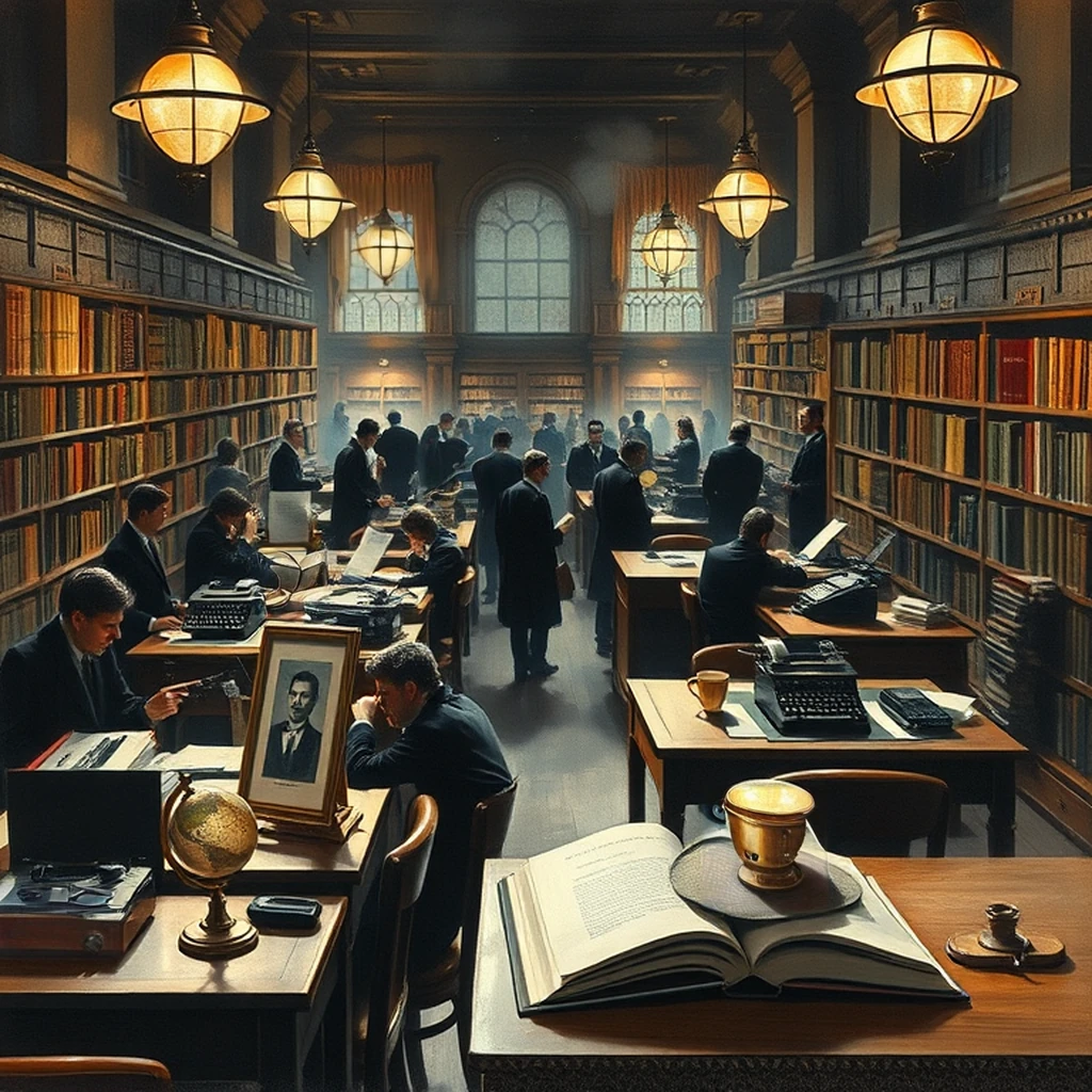 Image B of the puzzle: 1960s british library research room with card catalogues and typewriters