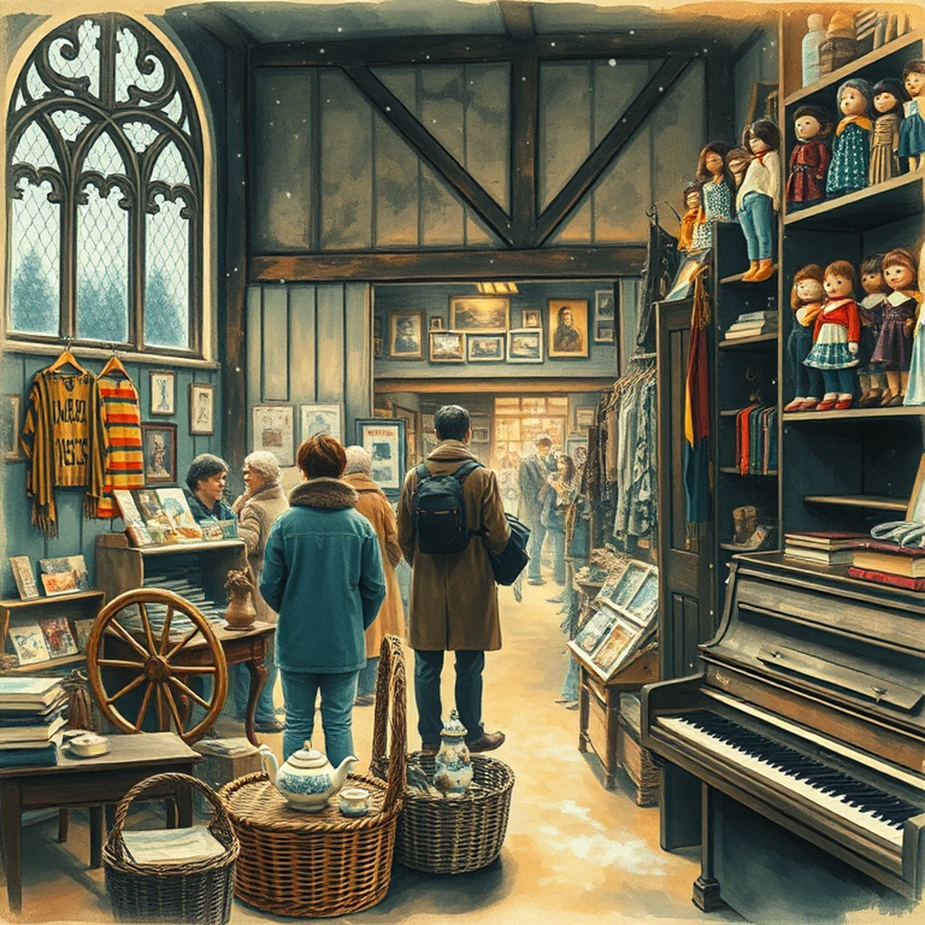 Image A of the puzzle: 1960s british village church hall bazaar with charity items