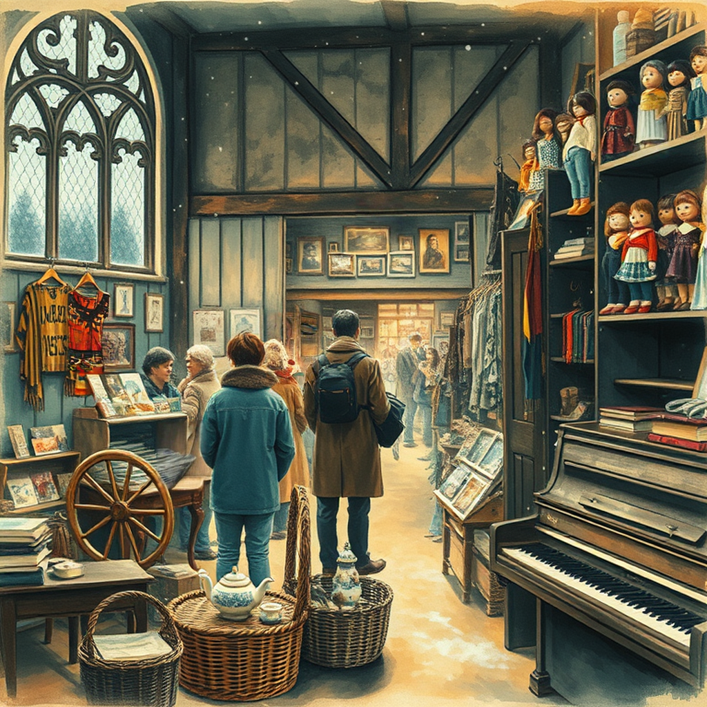Image B of the puzzle: 1960s british village church hall bazaar with charity items