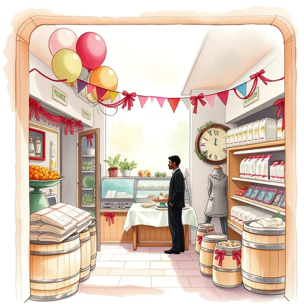 Image B of the puzzle: 1960s british village grocery store with grocer's scales and barrels of flour
