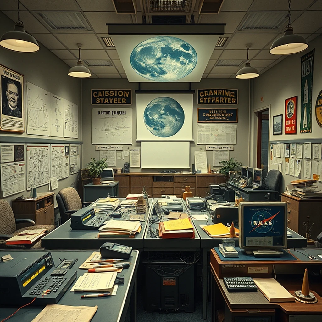 Image A of the puzzle: 1960s Cape Canaveral mission planning room with paper schematics and slide rules