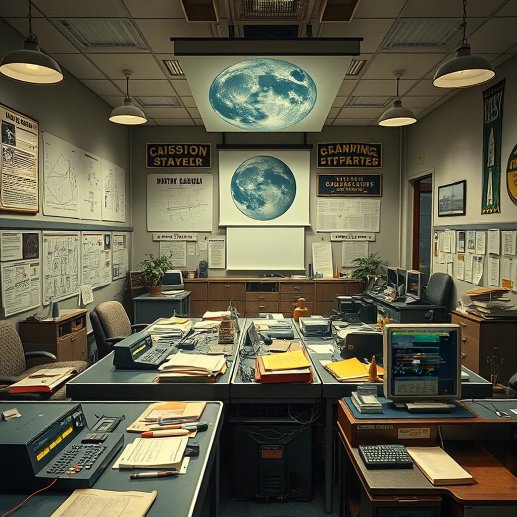Image B of the puzzle: 1960s Cape Canaveral mission planning room with paper schematics and slide rules