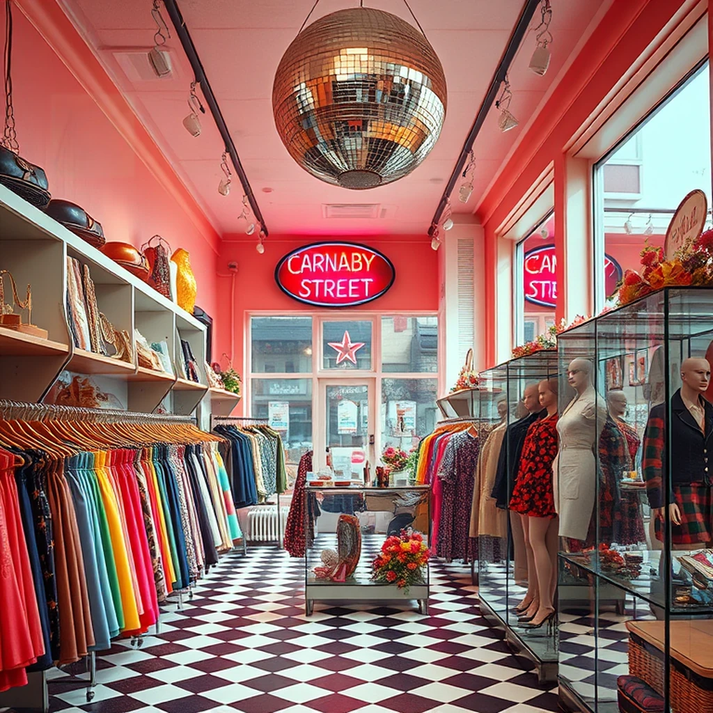 Image A of the puzzle: 1960s Carnaby Street mod boutique with mirror disco ball and miniskirt rack