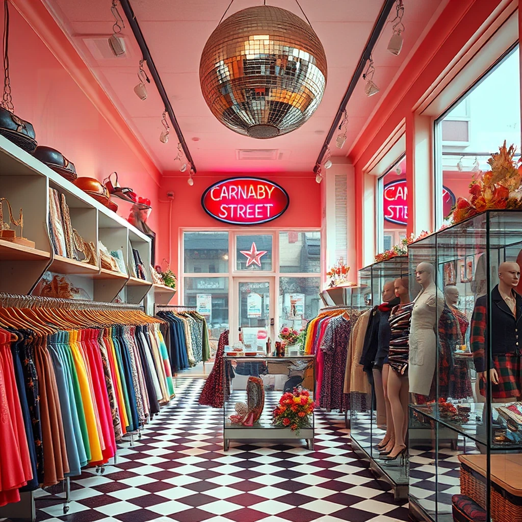 Image B of the puzzle: 1960s Carnaby Street mod boutique with mirror disco ball and miniskirt rack