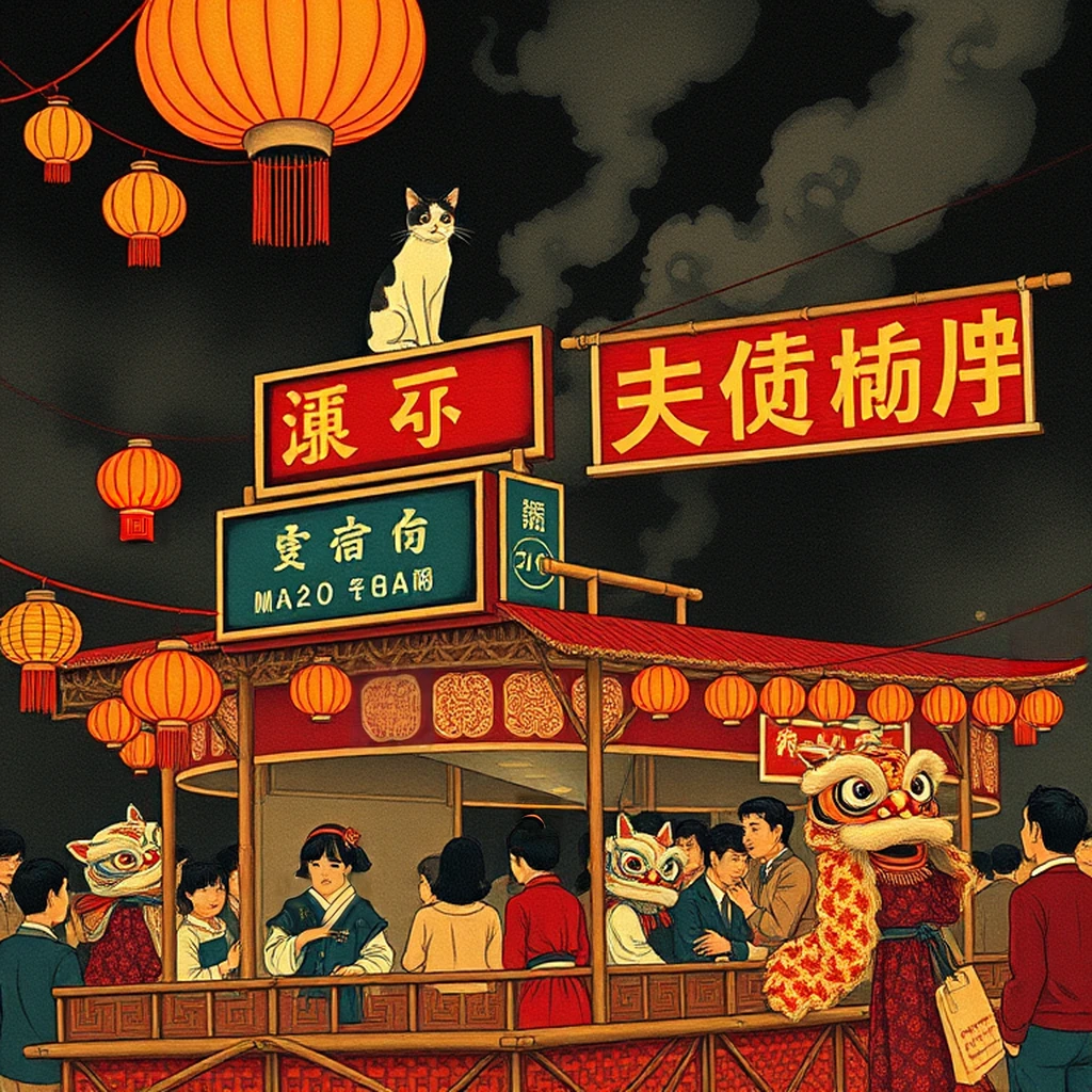 Image B of the puzzle: 1960s chinese new year celebration parade float with lion dancers