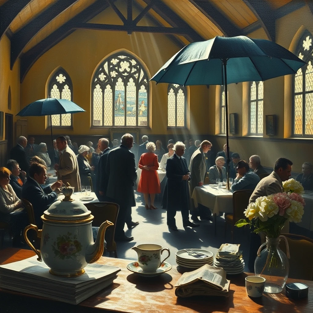 Image A of the puzzle: 1960s english village church hall coffee morning table setting
