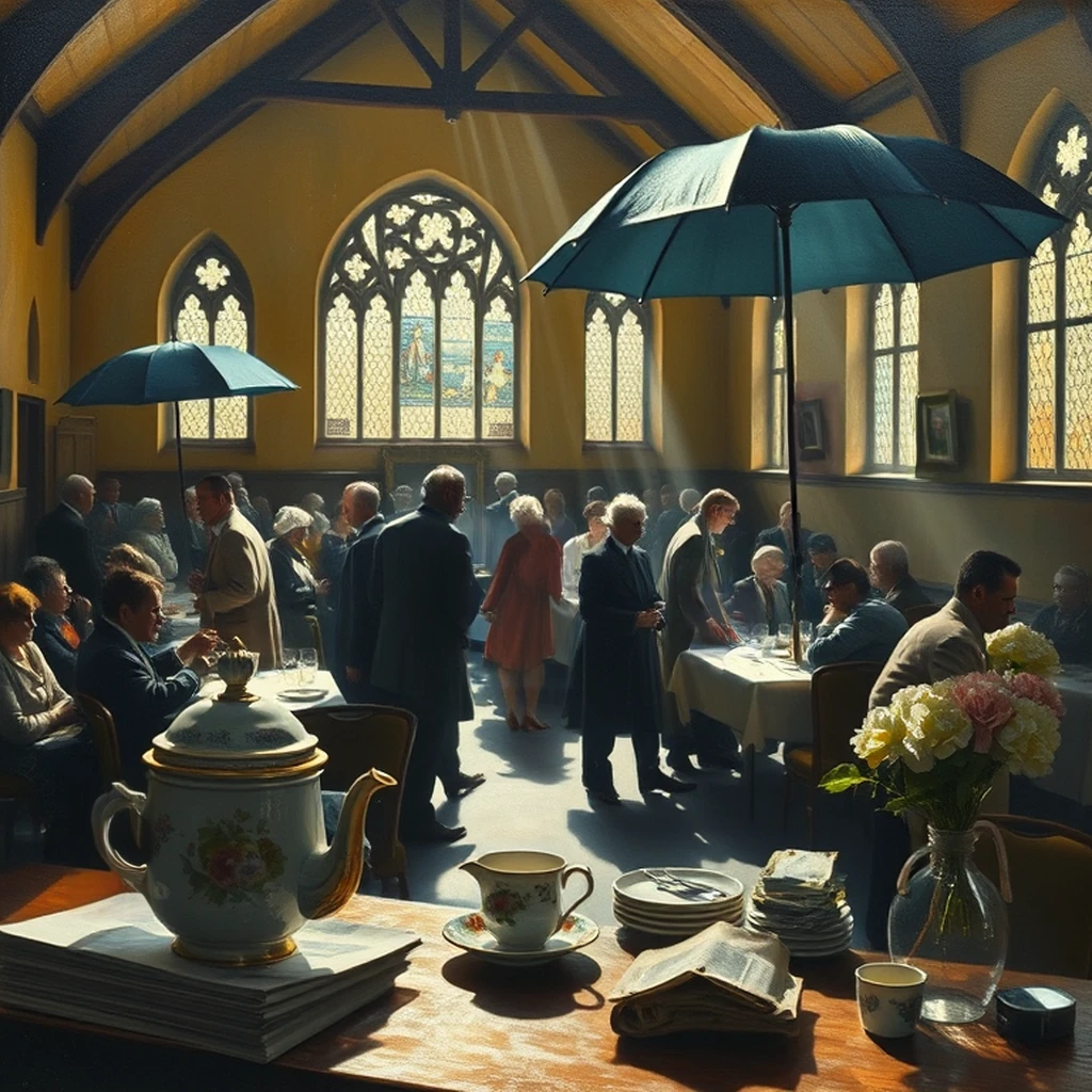 Image B of the puzzle: 1960s english village church hall coffee morning table setting