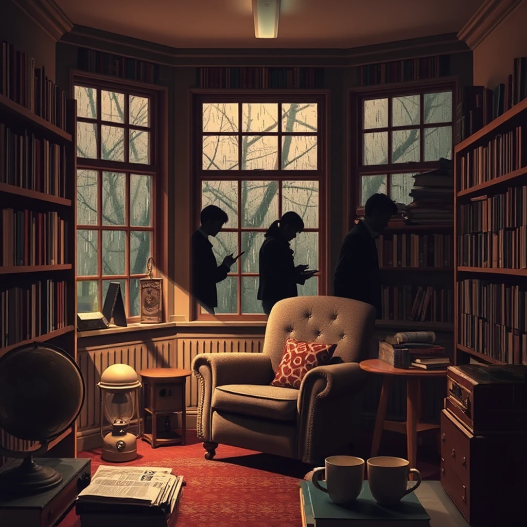 Image B of the puzzle: 1960s english village schoolhouse reading corner with armchair
