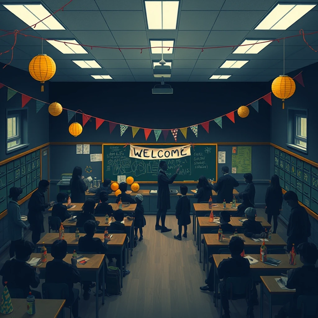 Image A of the puzzle: 1960s english village schoolroom with desks and blackboard