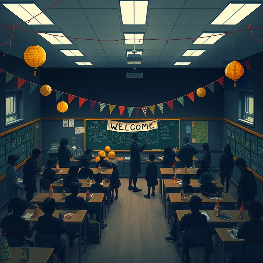 Image B of the puzzle: 1960s english village schoolroom with desks and blackboard