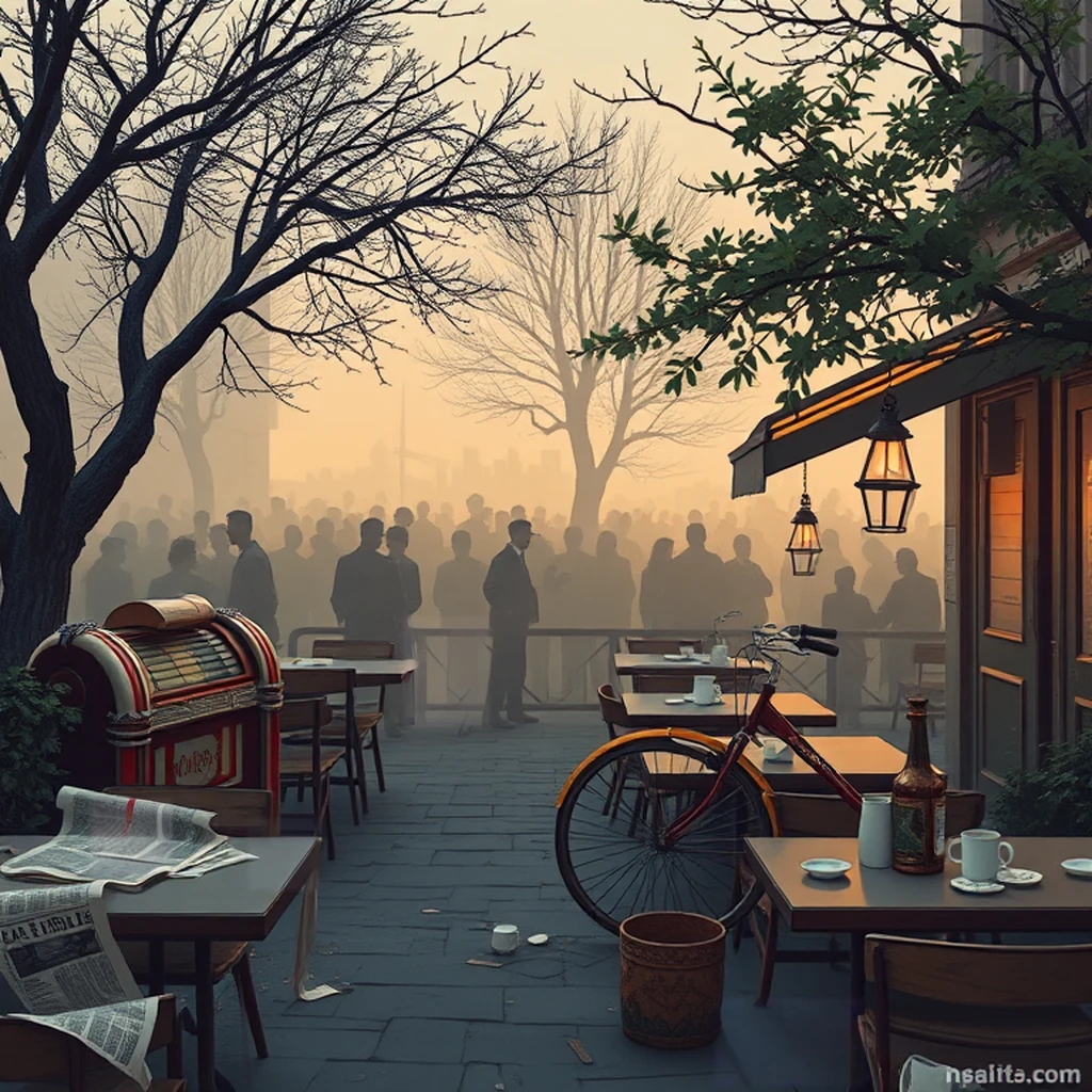 Image B of the puzzle: 1960s french café outdoor seating area under chestnut trees