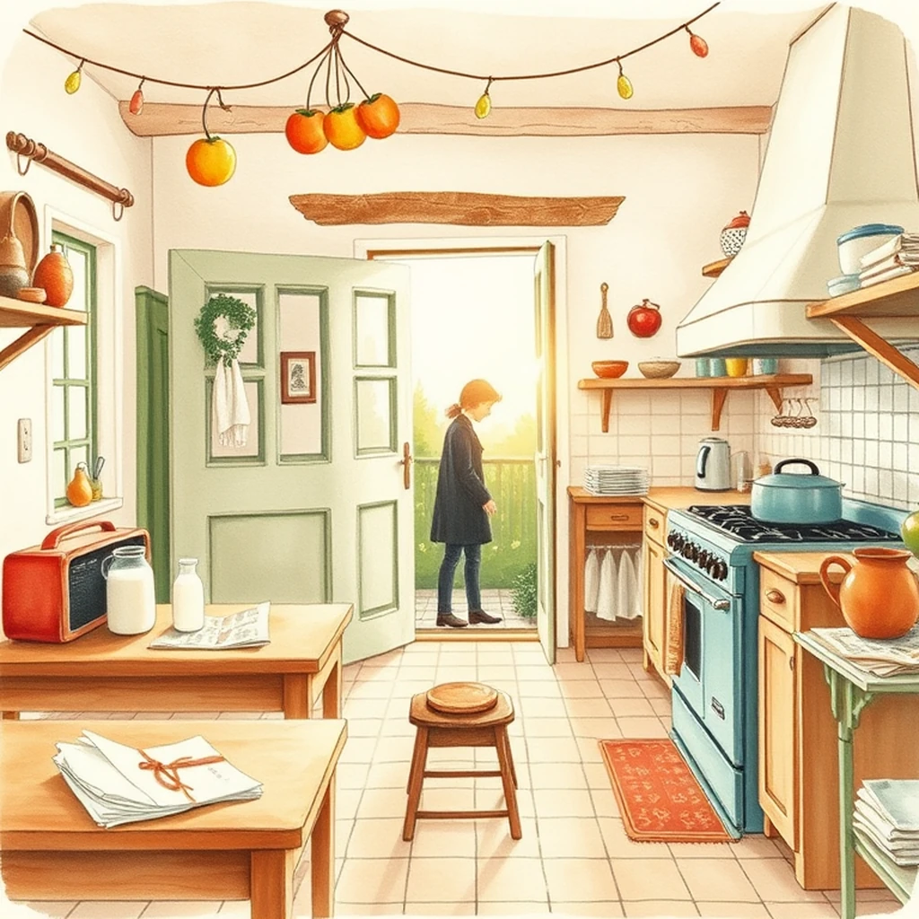 Image A of the puzzle: 1960s french countryside farmhouse kitchen with rustic wooden tables
