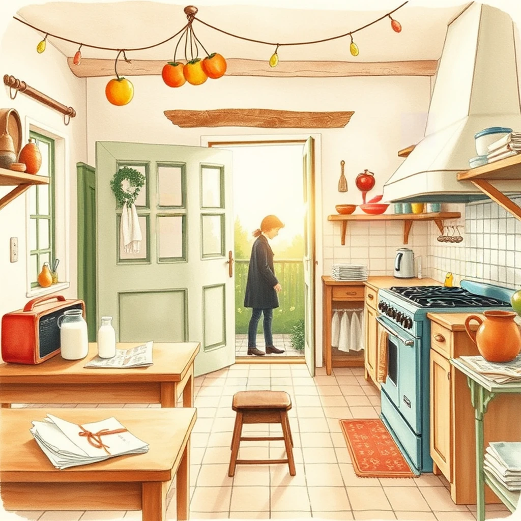 Image B of the puzzle: 1960s french countryside farmhouse kitchen with rustic wooden tables