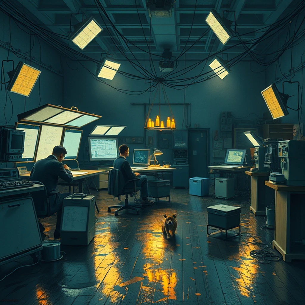Image A of the puzzle: 1960s french film studio editing room with large light boards