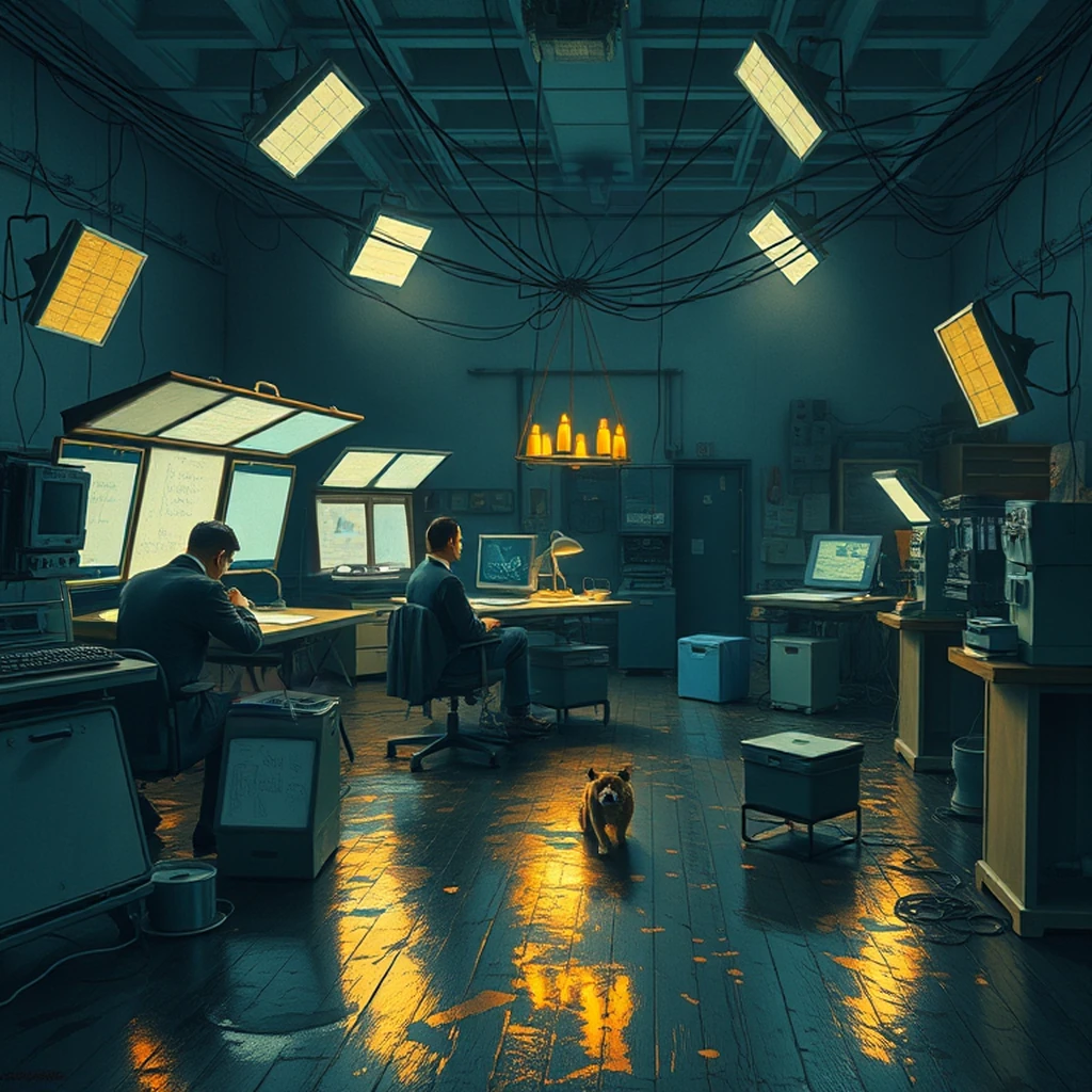 Image B of the puzzle: 1960s french film studio editing room with large light boards